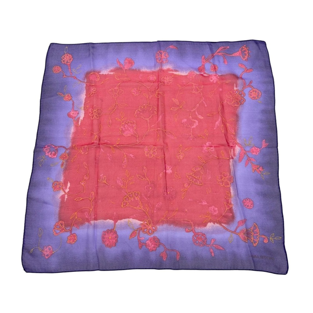 Halston Silk Scarf Red Purple Square Vintage Sheer Floral 20 x 21" Gold Accents